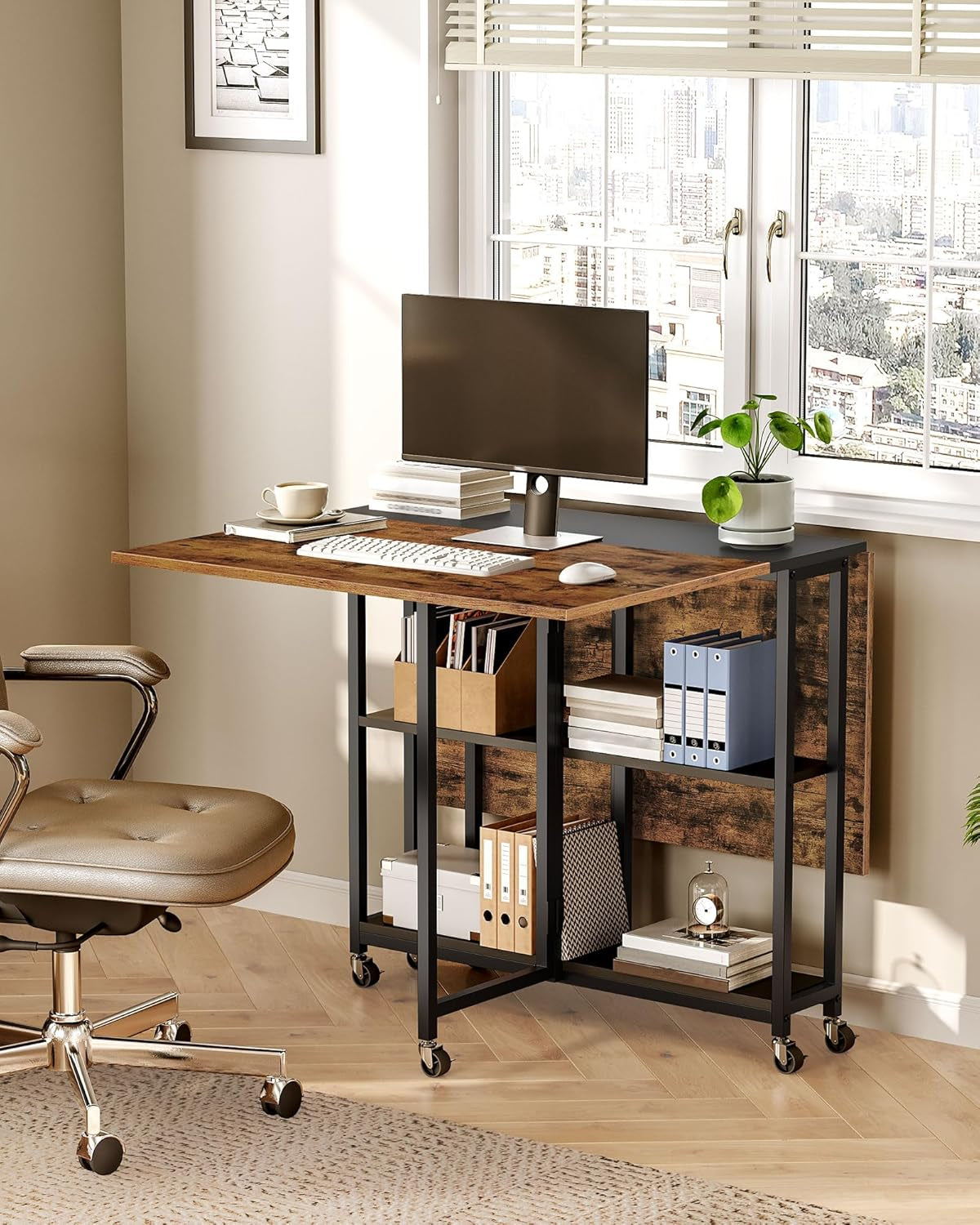 Folding Dining Table, Movable Dining Table, Expandable Kitchen Table, Versatile Table with 6 Wheels and 2-Tier Shelf, for Dining, Living Room, Apartment, Rustic Brown TCZ01BF-4