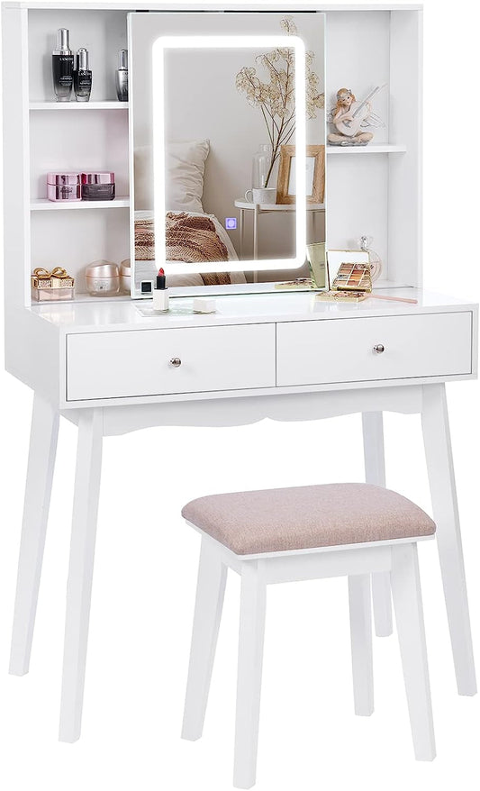 White Vanity Desk with Mirror, Lights, and Drawers-1
