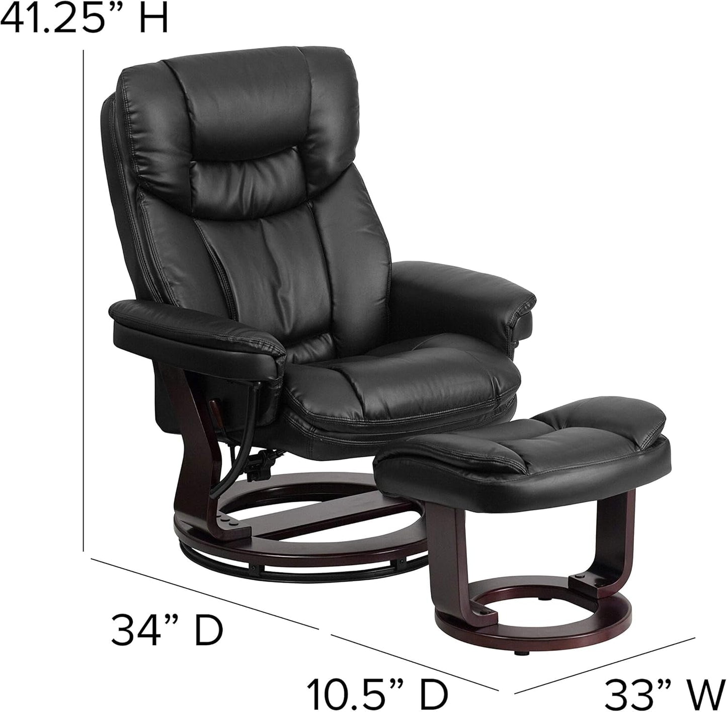 Allie Leathersoft Upholstered Recliner with Footrest, Arms, and Headrest, Padded Swivel Recliner Chair and Ottoman Set, Black-2