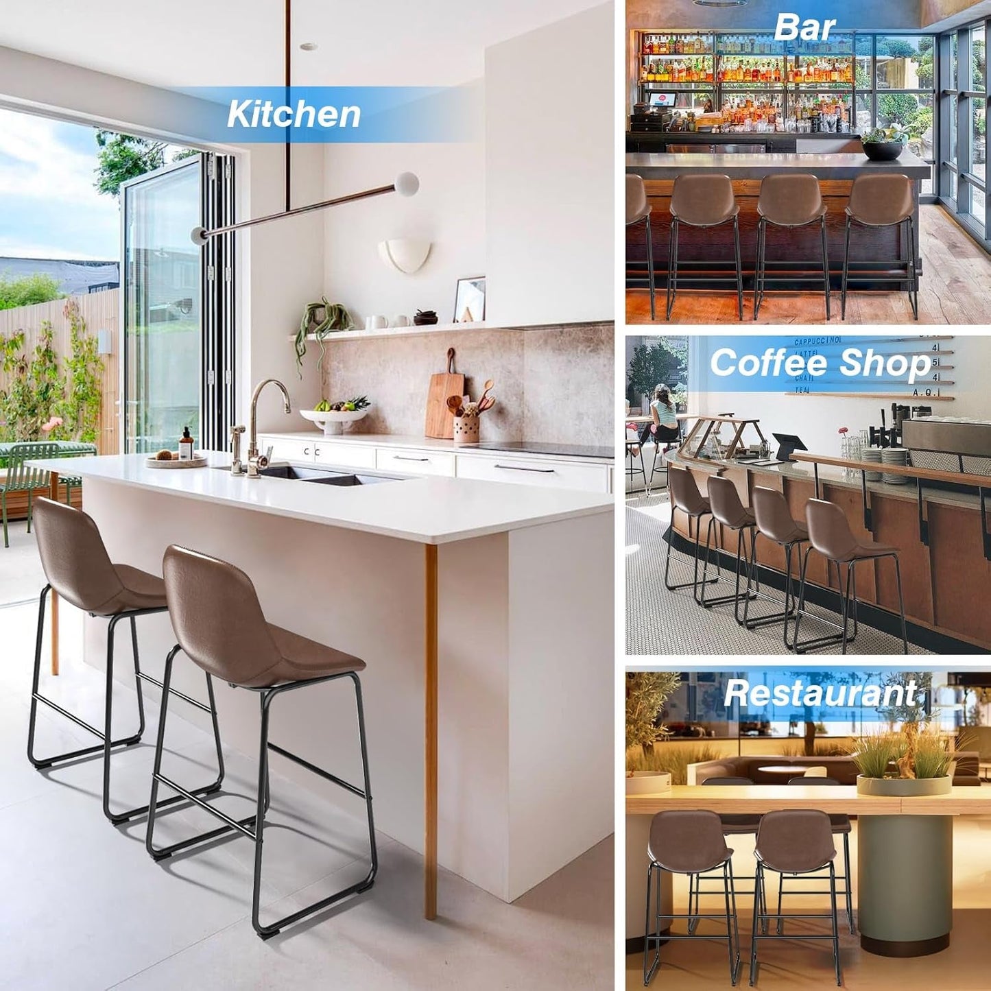 Pu Faux Leather Bar Stools Set of 2, Industrial Pub Barstools with Back and Footrest, Modern Armless Bar Height Stool Chairs (Brown, 30" Barstool X2)-4