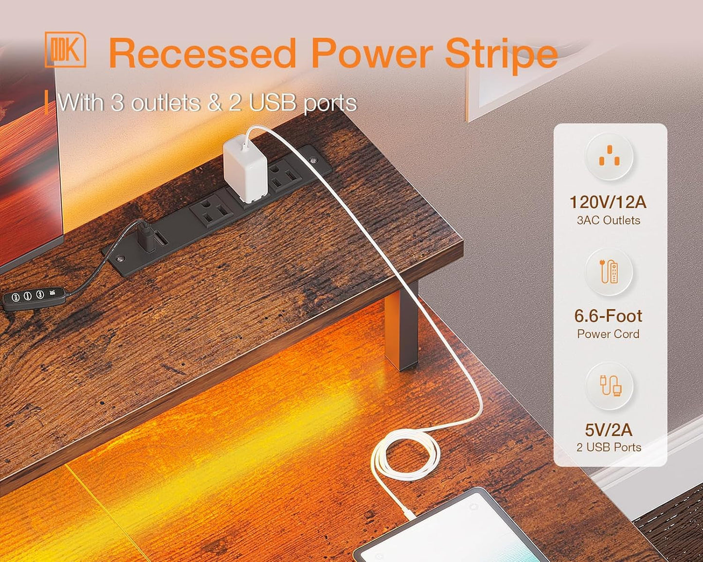 48 Inch Gaming Desk with LED Lights & Power Outlets, Computer Desk with Monitor Stand & Storage Sheves, CPU Stand, Home Office Desk, Vintage-4