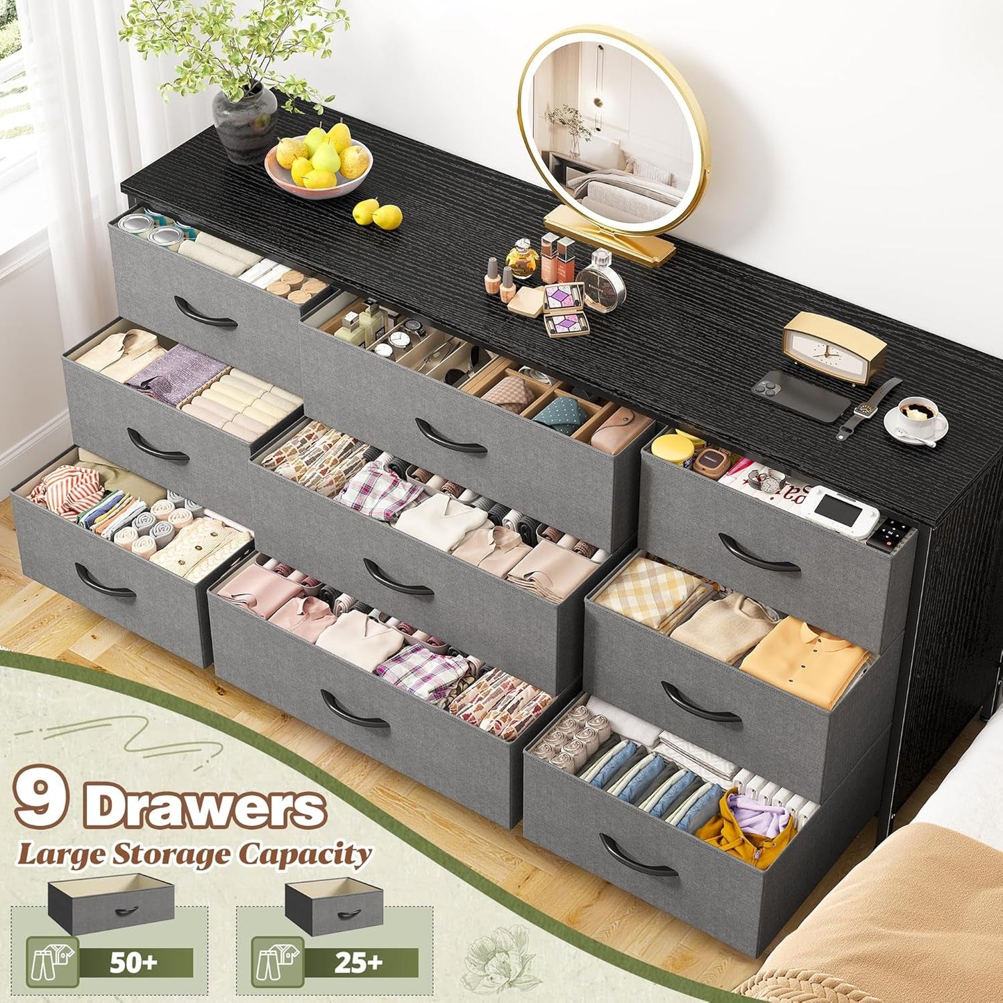 Dresser TV Stand with Drawers, Media Console Table for 60 '', TV Console with 9 Drawers for Bedroom, Entertainment Center with Sturdy Metal Frame & Wood Top, Living Room, Hallway, Grey-3