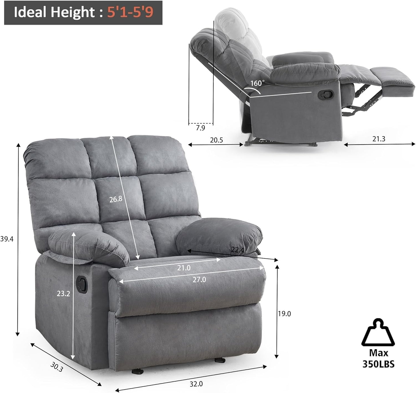 Rocker Recliner Chair, Overstuffed Large Manual Rocking Recliner for Adults, Upholstered Comfy Soft Fabric Living Room Reclining Sofa Chair(Gray)-1