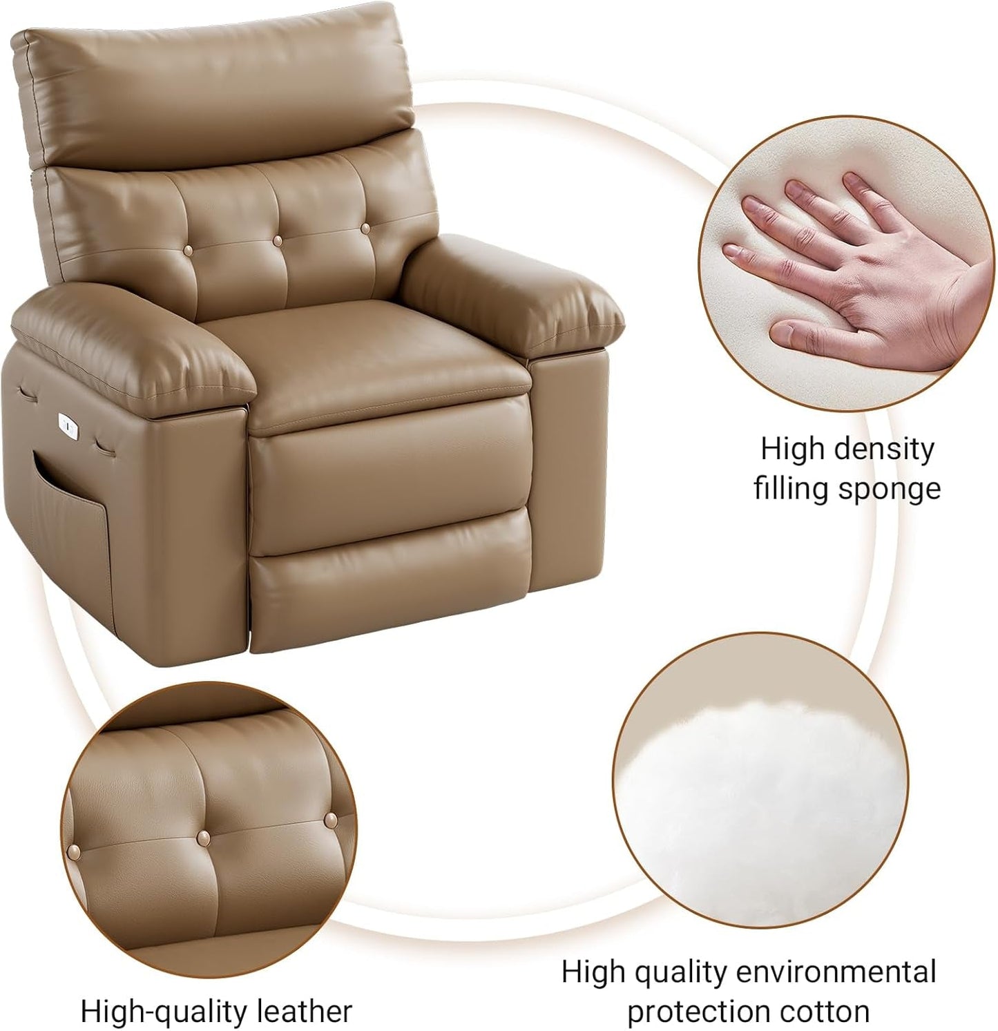 Oversized Recliner Chair for Adults,Pu Leather Electric Rocker Recliner,360 Degree Swivel Lounge Chair with Side Pocket,Modern Massage Recliner Chair Sofa for Living Room,Bedroom (Light Brown)-4
