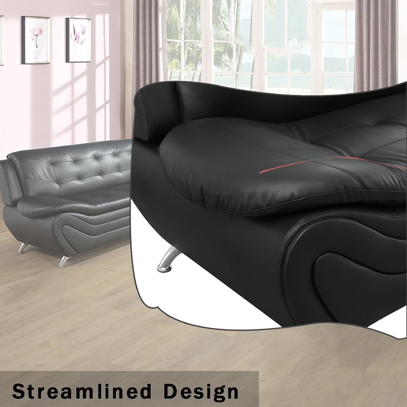 Contemporary Living Room Furniture Set, Faux Leather Sofa Set for Living Room/House/Bedroom/Office/Apartment (Black-A, Loveseat), F45&F46-4