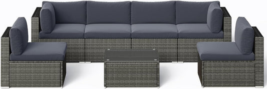 7 Piece Outdoor Patio Furniture Set, All Weather Wicker Rattan Sectional Sofa Conversation Set with Cushions & Large Glass Coffee Table, Ideal for Garden Backyard Porch, Dark Grey-1