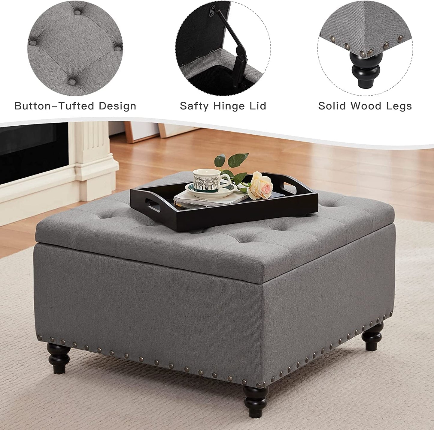 Grey Tufted Ottoman with Storage and Tray-4