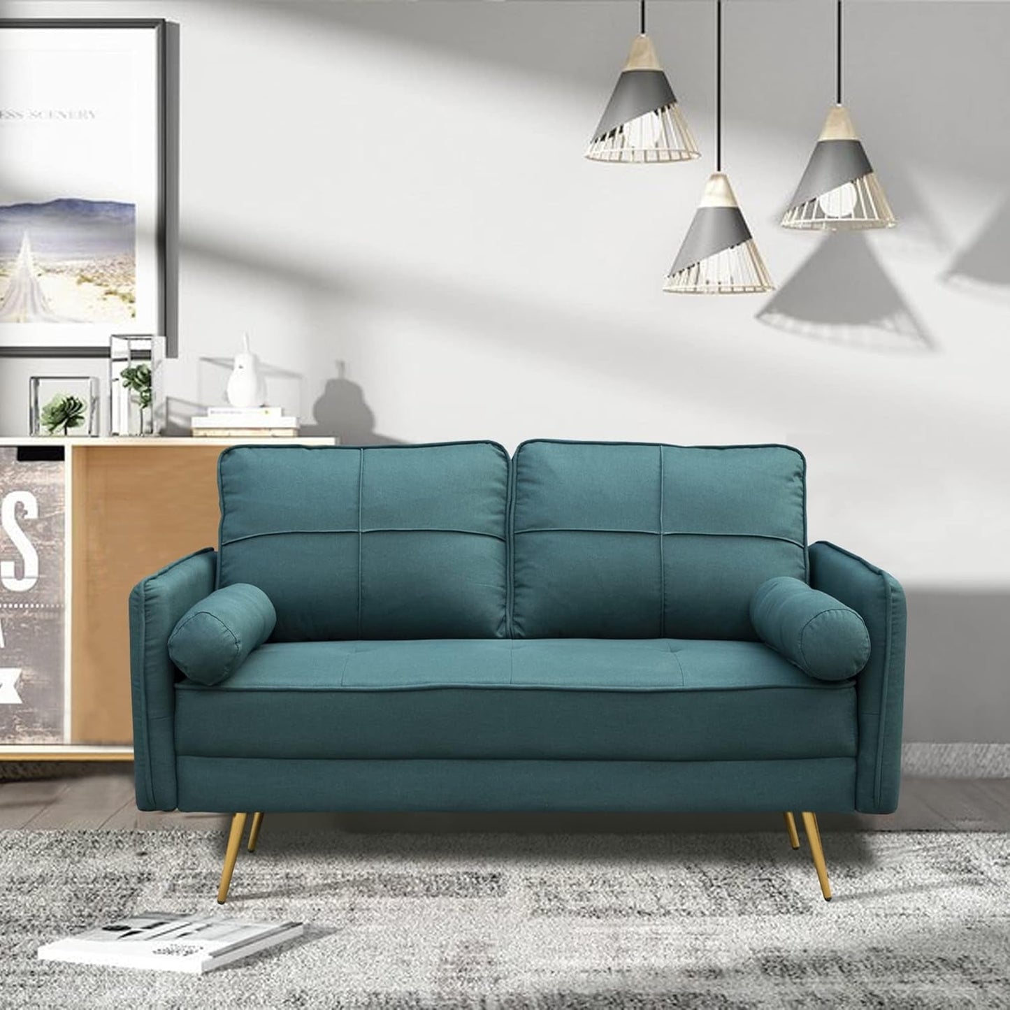 Modern 2 Piece Sofa Set Velvet Loveseat & Sofa Set with Bolsters & Metal Legs for Living Room - Green-4