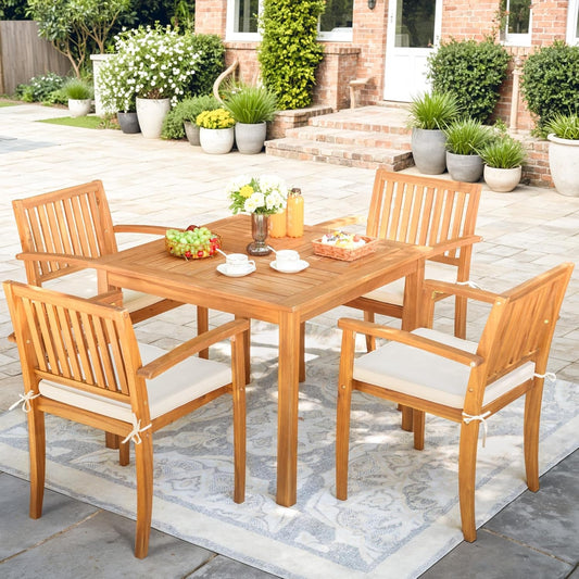 5 Piece Patio Dining Set Outdoor Solid Wood Furniture for Yard, Garden, Porch W/Square Tabletop & 4 Chairs, White-1