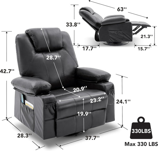 Oversized Swivel Rocker Recliner Chair with Heat and Massage, 360 Degree Swivel Rocking Single Sofa with Cup Holders and USB Port, Big Large Recliner Chair for Living Room (Leather, Black)-1