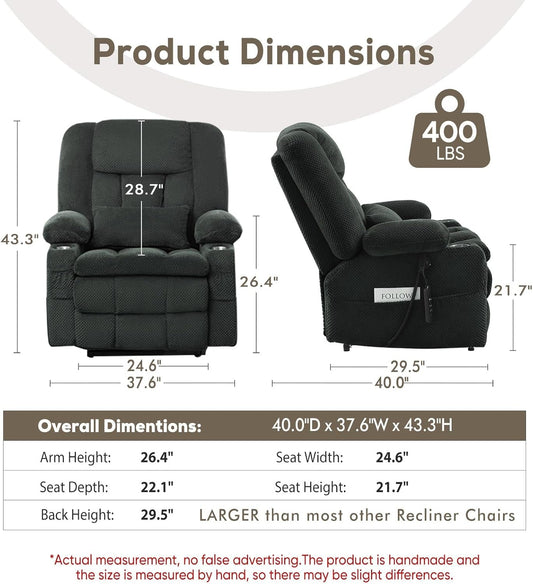 Large Dual Motor Lay Flat Power Lift Recliner Chair, Massage Recliner Chairs with Heat, Lumbar Pillow, USB & Type-C Ports, Oversized Recliner for Big & Elderly People for Living Room - Grey-1