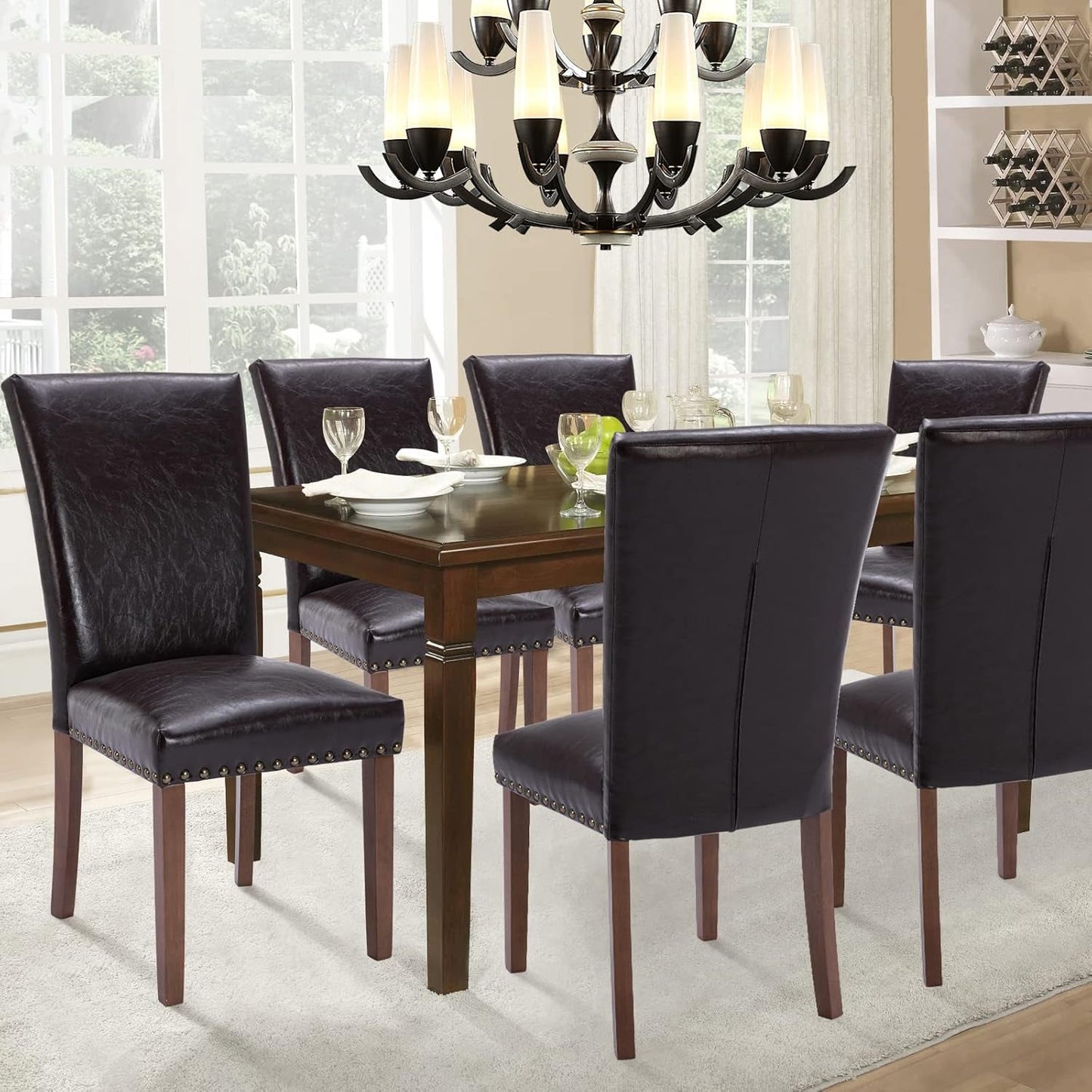 Parsons Dining Chairs Set of 4, Upholstered Nailhead PU Leather Dining Room Kitchen Side Chair with Thick Cushions and Wood Legs, Dark Brown-2