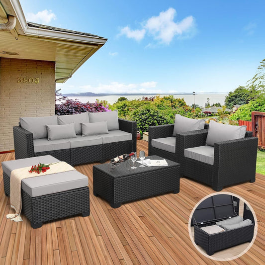 Patio Wicker Furniture Set 6 Pieces Outdoor HDPE Wicker Conversation Couch Sectional Chair Sofa Set with Grey Cushions-1