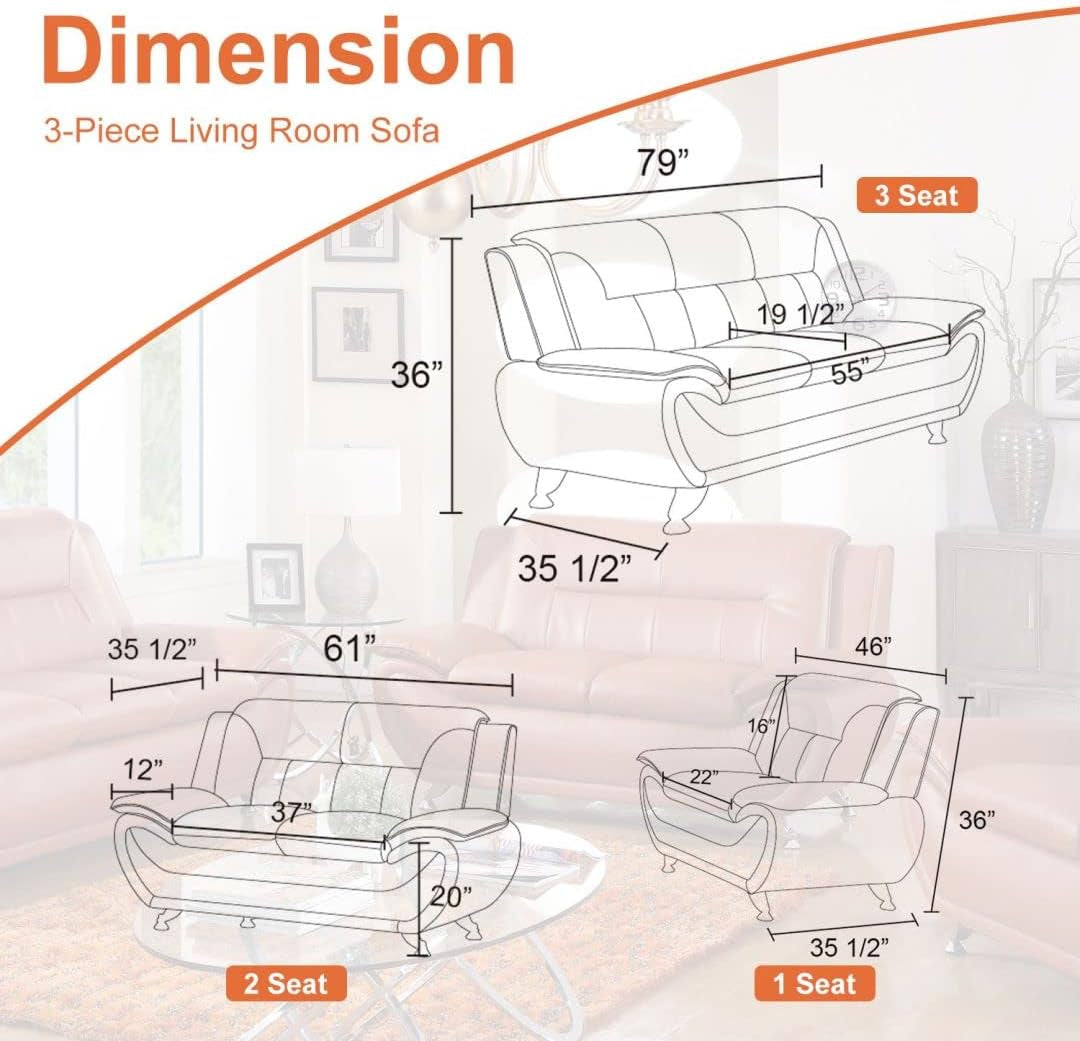 Living Room Furniture Set, Faux Leather Sofa Couch Set, 3 Pieces Modern Sofa Set for Living Room/Apartment/Office (Orange)-2