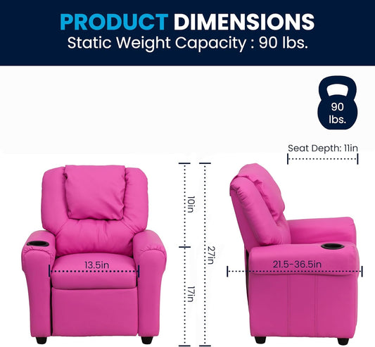 Vana Vinyl Kids Recliner with Cup Holder, Headrest, and Safety Recline, Contemporary Reclining Chair for Kids, Supports up to 90 Lbs., Hot Pink-1