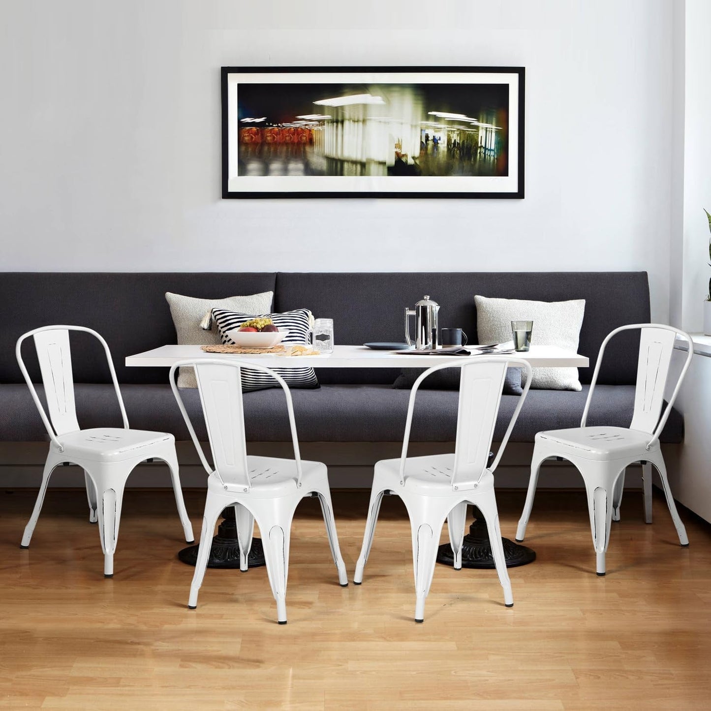 Metal Kitchen Dining Chairs Indoor-Outdoor Distressed Style Stackable Side Coffee Chairs in Distressed White, Set of 4-4