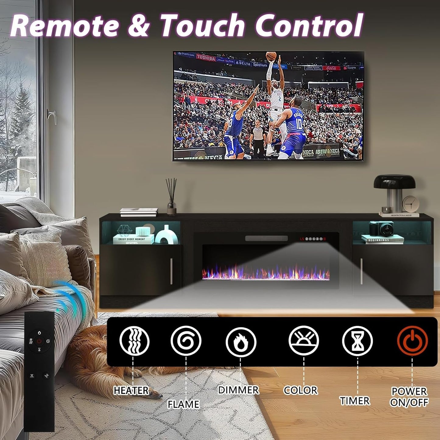 Fireplace TV Stand with 36" Fireplace,80" TV Stand with LED Light for Tvs up to 85",Entertainment Center Console Table with Highlight Storage Cabinets (Black)-4