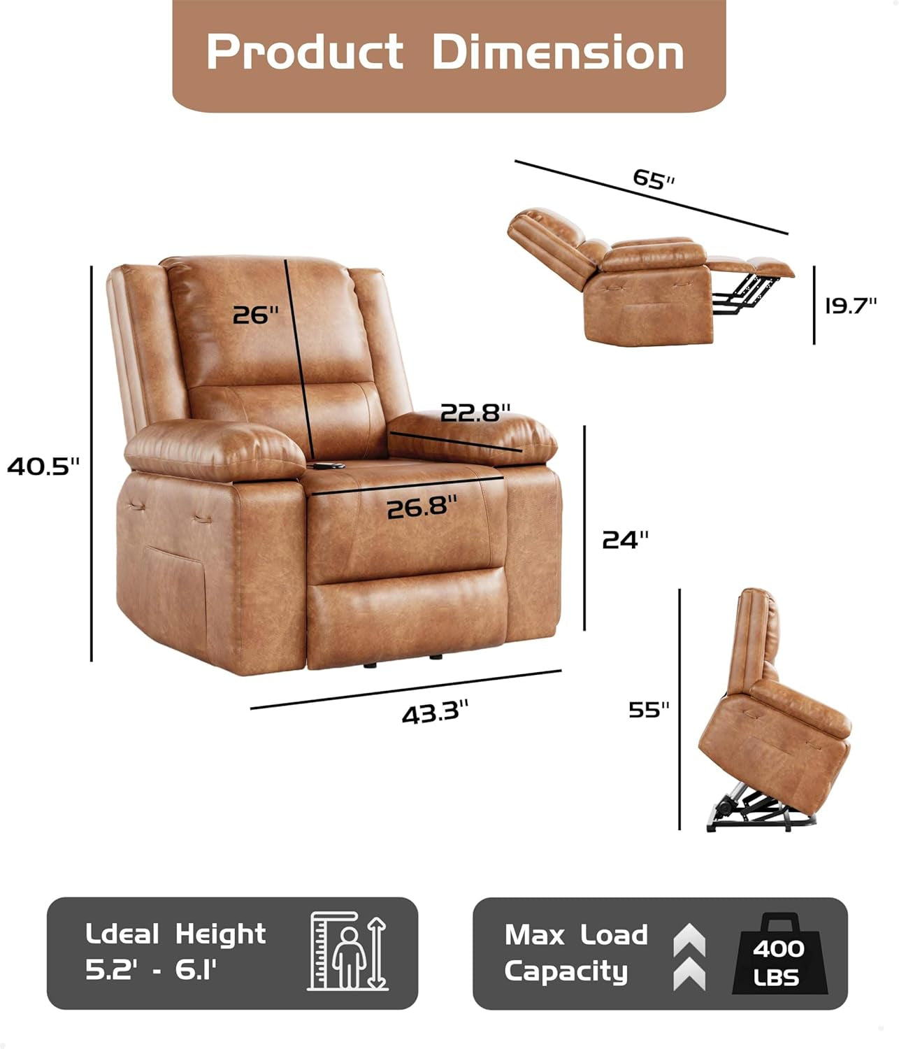 Oversized Wide Power Lift Recliner Chair - Heat and Massage, Adjustable Back and Legs, PU Leather Electric Lift Chair Designed for the Elderly and People with Mobility Impaired-2