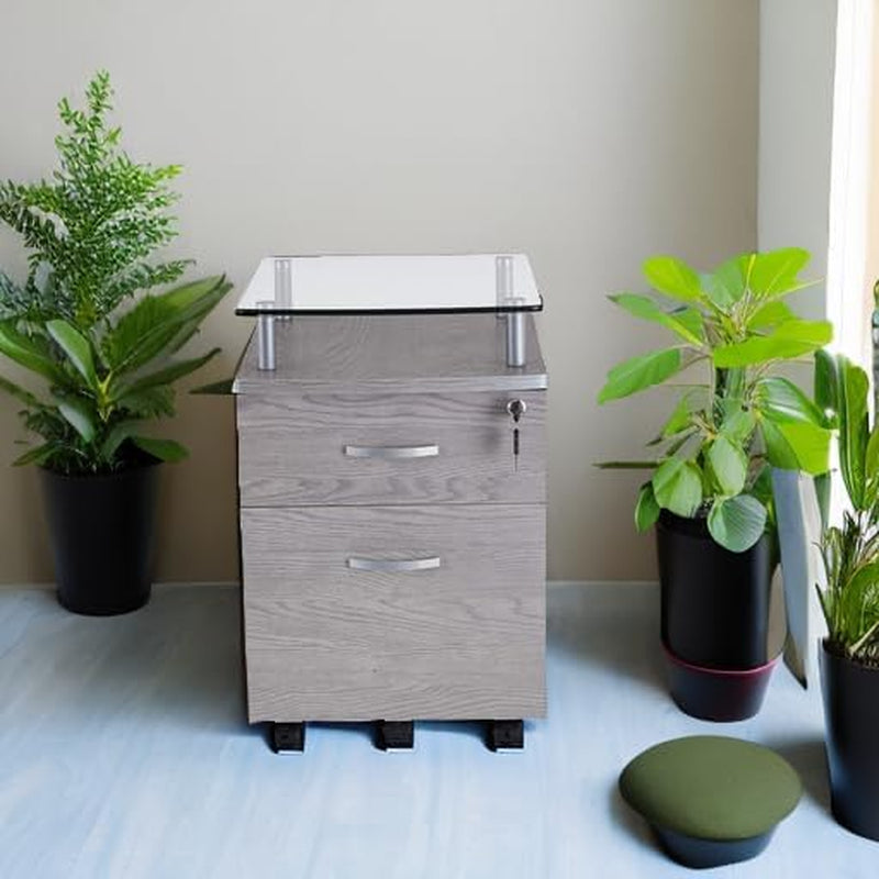 2-Drawer Rolling File Cabinet with Lock and Glass Top, under Desk File Cabinet with Wheels, Printer Stand, Grey-4