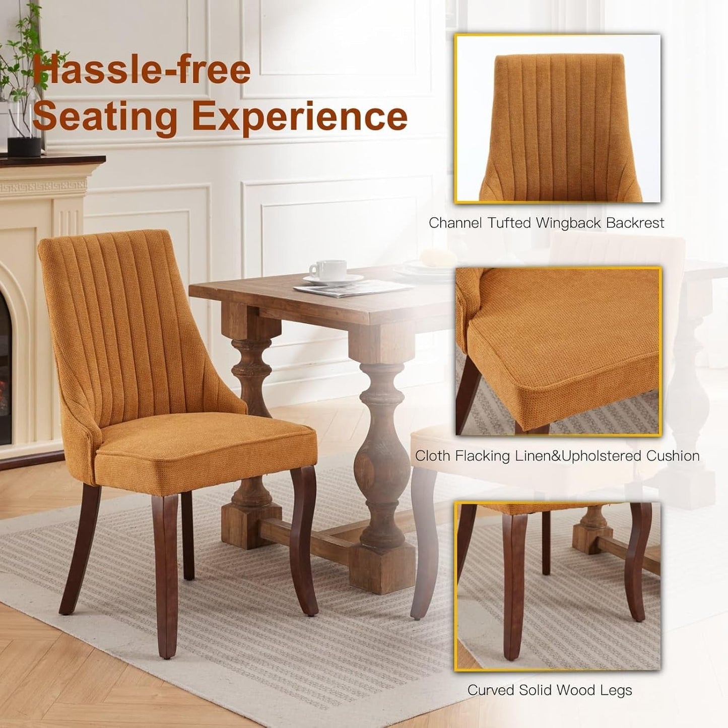 Linen Dining Chairs Set of 4,Comfy Fabric Upholstered Accent Chairs for Kitchen Living Room,Channel Tufted Dining Room Chairs with Curved Solid Wood Legs(Yellow)-4