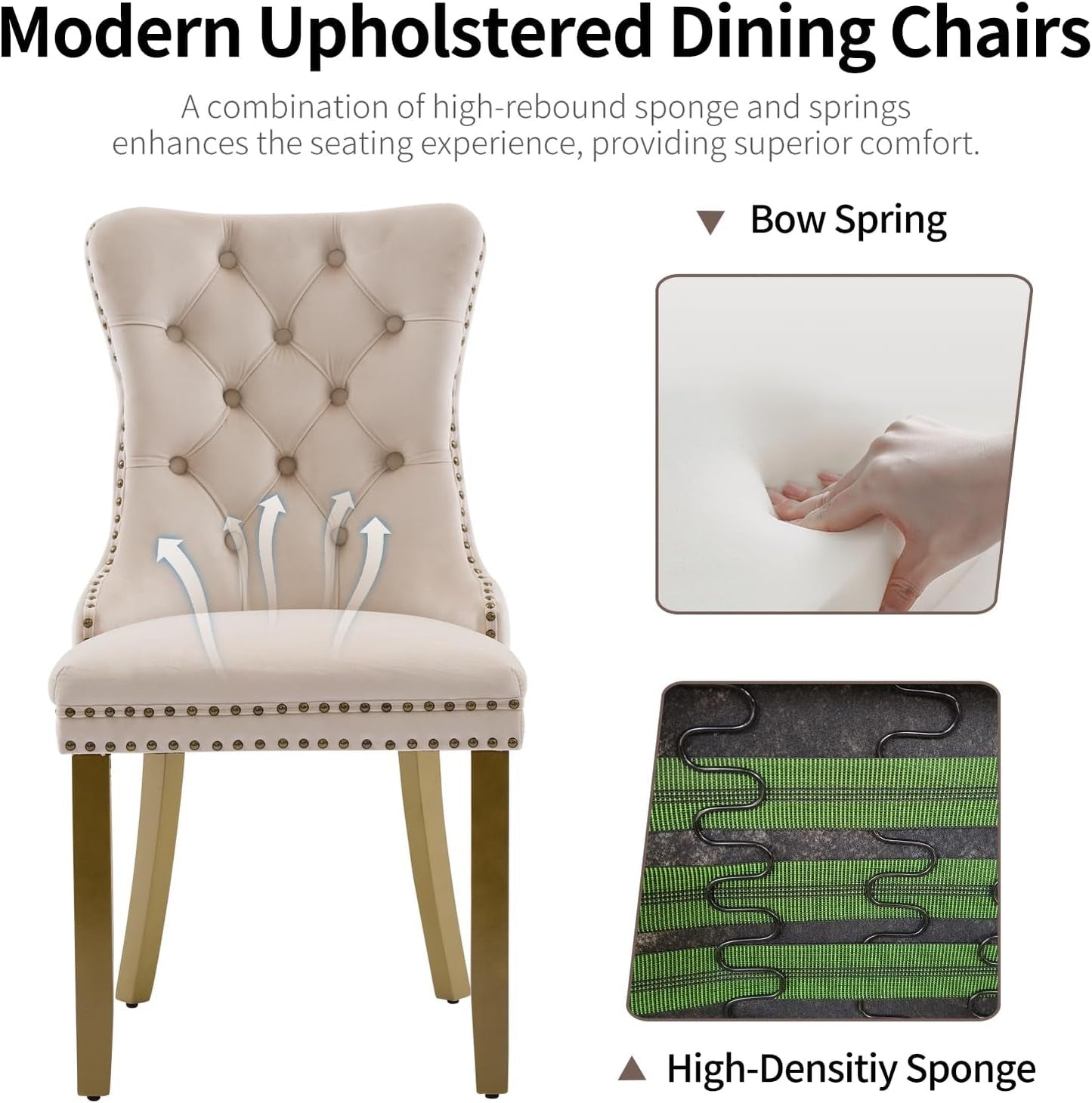 Beige Velvet Dining Chairs Set of 4, Upholstered Dining Room Chairs with Lion Head Pulls Ring and Golden Solid Wood Legs, Modern Button Tufted Kitchen Chairs for Dining Room, Kitchen(Beige)-3