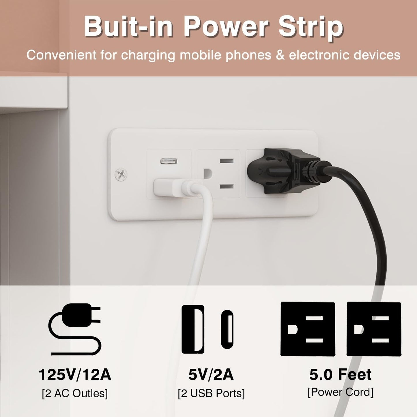 Queen White Foldable Murphy Bed with Power-4