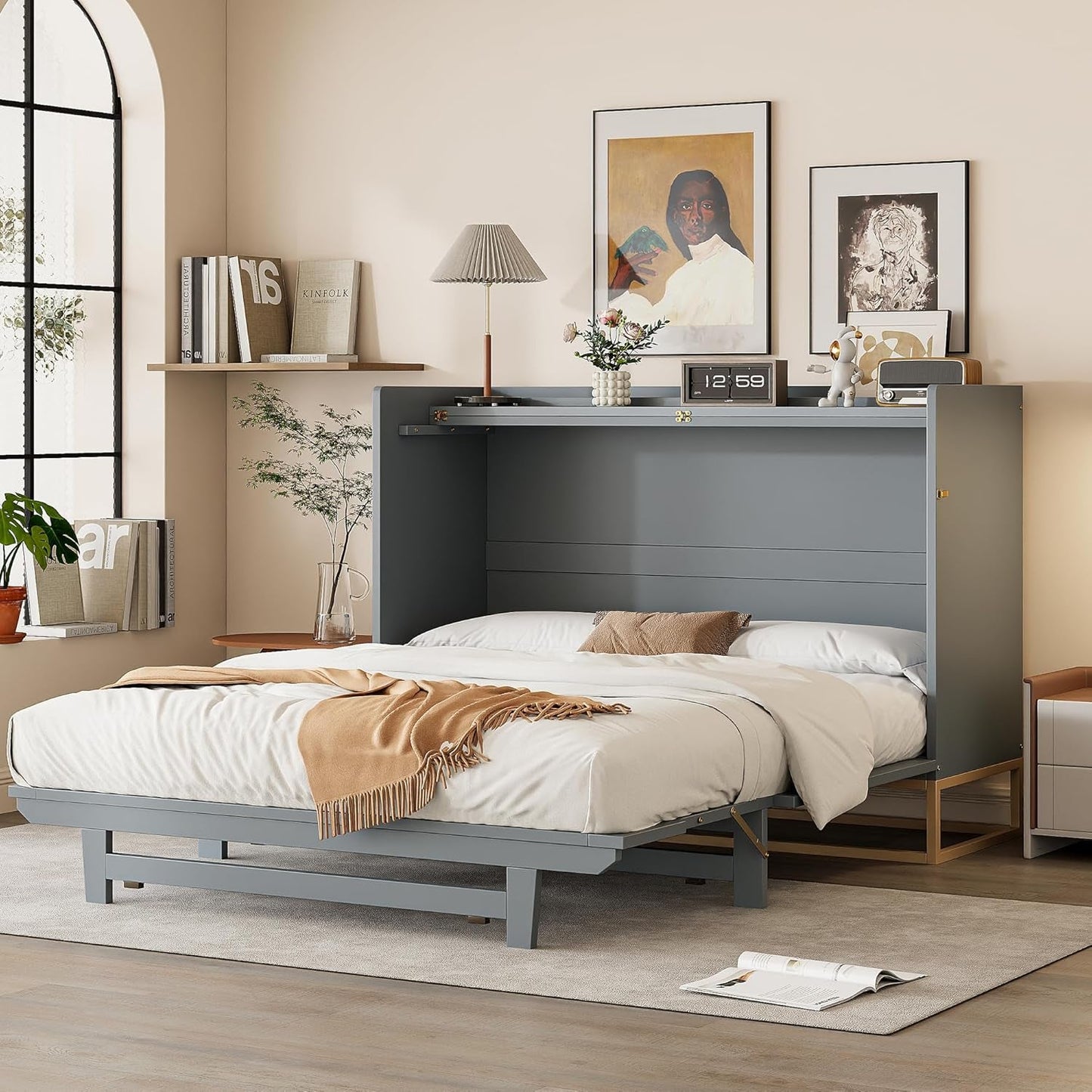 Queen Size Murphy Bed, Wooden Queen Wall Bed Frame with Iron Legs, Modern Design, Gray-2