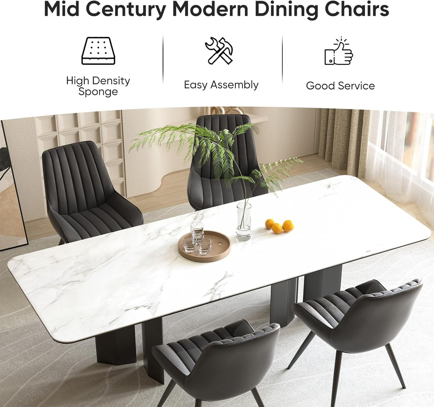 Modern Dining Chairs Set of 4, Comfy Dining Room Chairs with Thick Cushions, Upholstered Fabric Kitchen Side Chairs with Metal Legs, Black-3