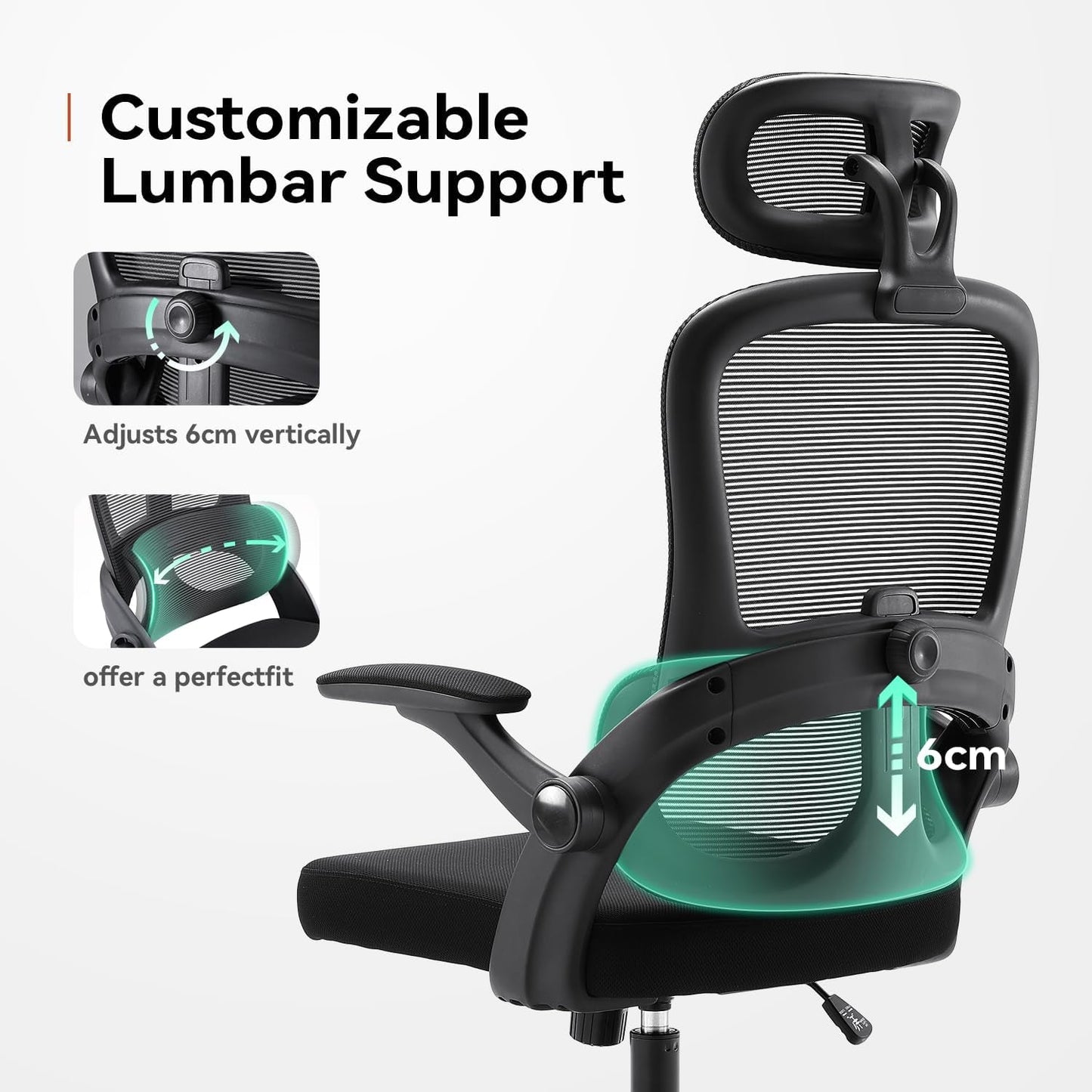 M102C Ergonomic Mesh Office Chair, High Back Desk Chair with 3D Armrests, Up&Down Lumbar Support, Swivel Computer Task Chair with Adjustable 2D Headrest, Tilt Function Black-3