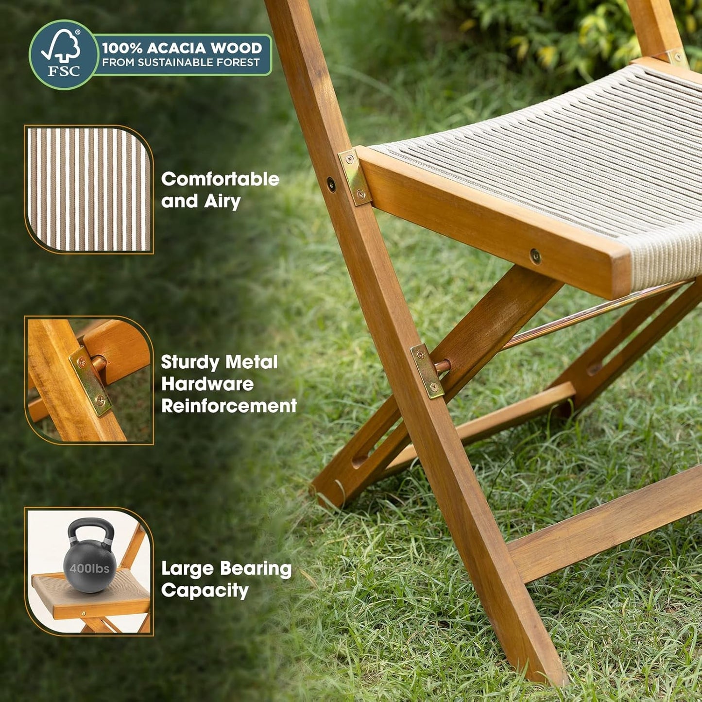 Wood Rope Design Heavy Duty 400Lbs Capacity Patio Bistro Set 3 Piece Outdoor, Folding Chairs with Elegant-2