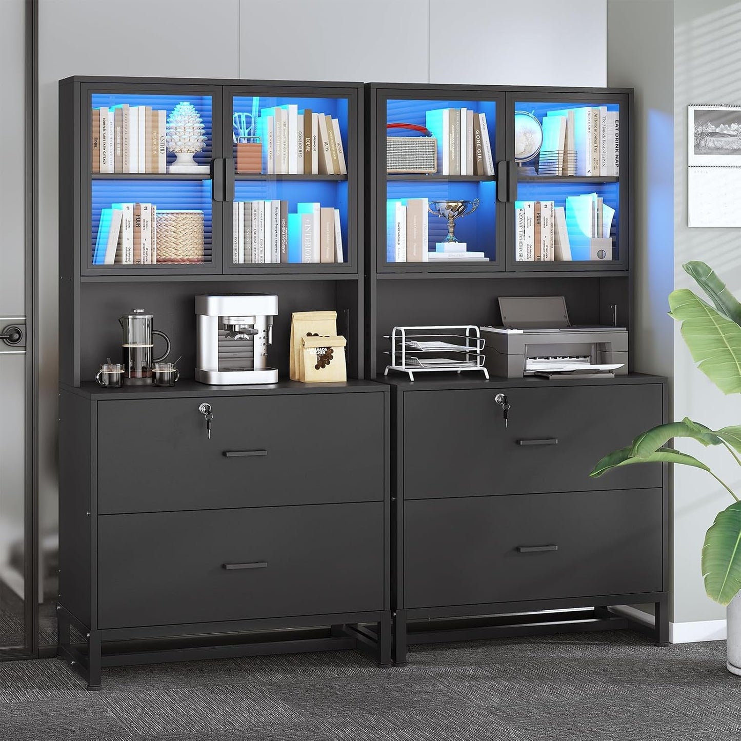 2 Drawer File Cabinet with Lock & Charging Station, Filing Cabinet Fits Letter, Legal, A4 Size, Wood File Cabinets for Home Office with Bookshelf, Printer Stand with Storage Shelf, Black-3