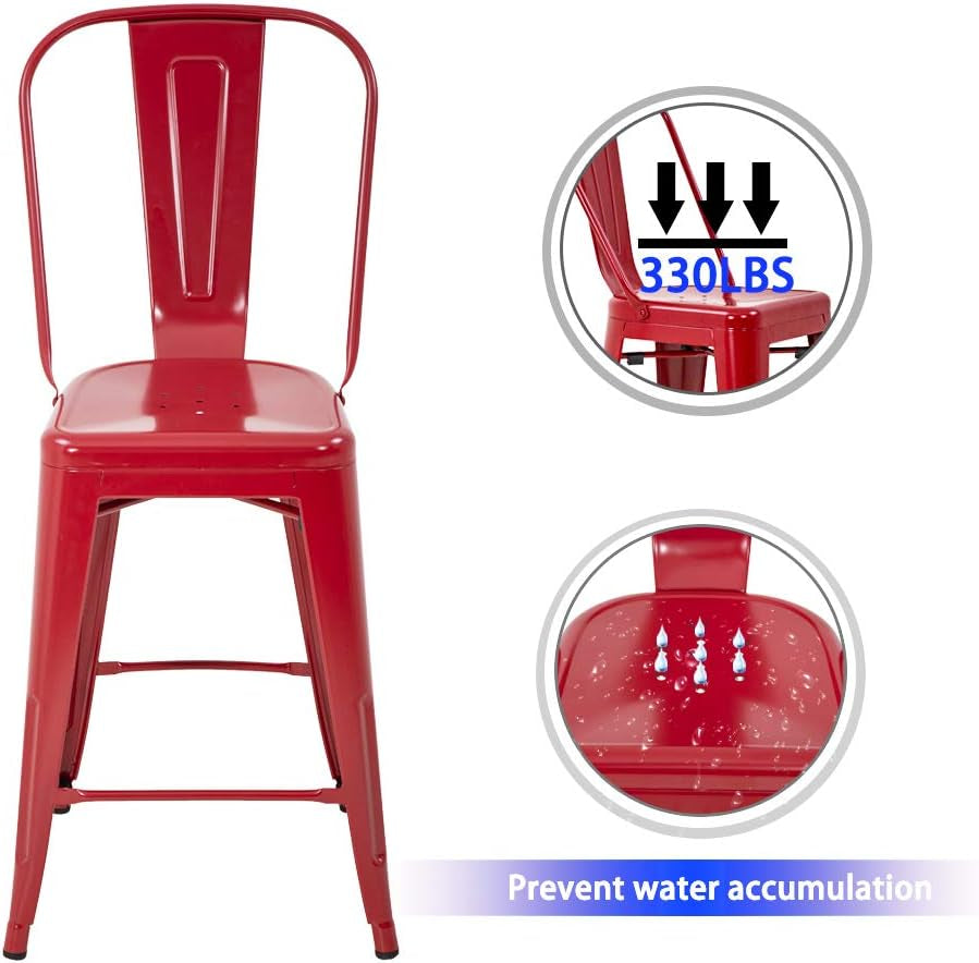 24 Inches Bar Stool Set of 4 Counter Height Barstool with Back Seat Height Industrial Bar Chairs Indoor Outdoor Metal Bar Stool Kitchen Stools Restaurant Patio Stool Stackable Modern Kitchen Stool-4