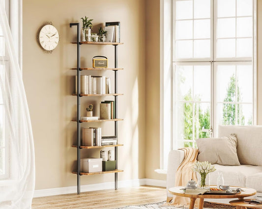 6-Tier Ladder Shelf, 87 Inches Wall Mounted Ladder Bookshelf with Metal Frame, Open Industrial Shelves for Home Office, Bedroom and Living Room, Rustic Brown-1