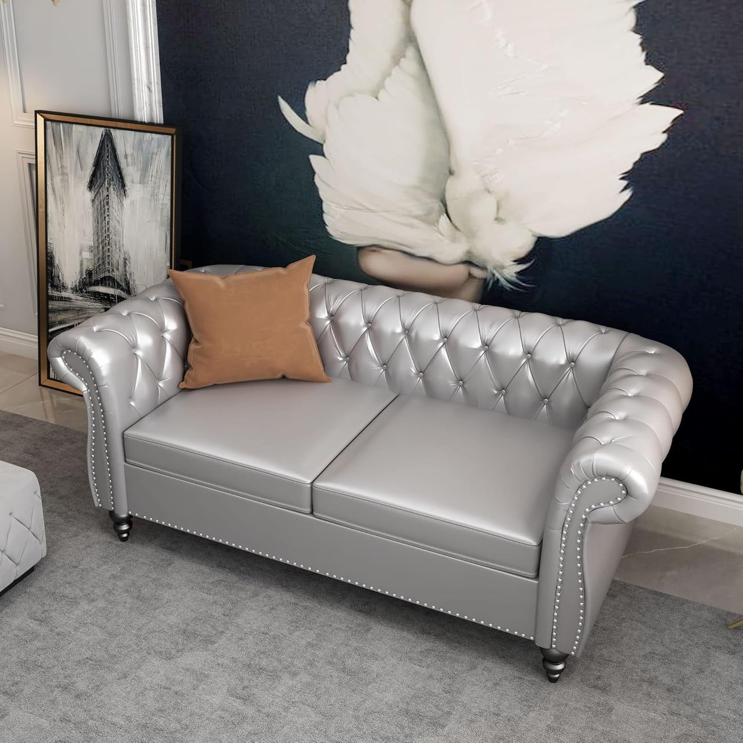 2 Piece Living Room Set, Chesterfield PU Leather Sofa Loveseat Couch Chair with Scroll Arms and Nailhead for Living Room, Office (PU Grey, 1-2)-3