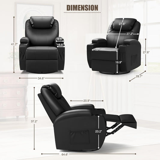 Recliner Chair, Rocking Massage Chairs, Home Reclining Sofa Chair, PU Leather, Ergonomic Living Room Chair with Cup Holders, Remote Control (Black)-1