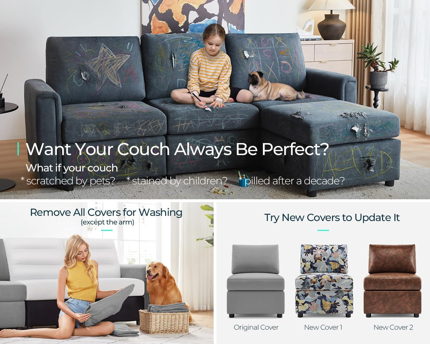 6 Seat Grey Modular Sofa, Ottomans, Storage-4