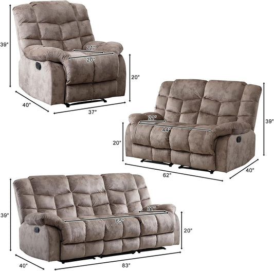 Reclining Living Room Set, One Seat Manual Recliner, Loveseat Recliner Sofa and 3PC Bonded Manual Recliner Set, Light Brown(Recliner+Loveseat+Sofa)-1