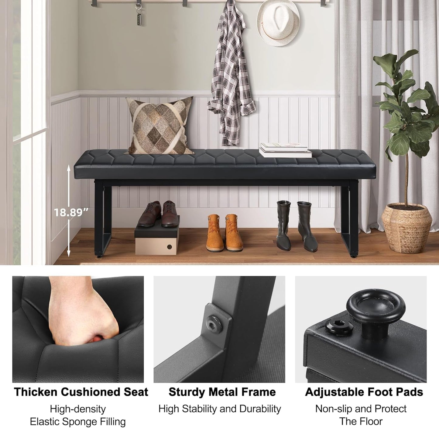 58” Padded Dining Table Bench Pair of 2 for 6-8 Person, Faux Leather Indoor Cushioned Bench, Extra Long Bench for Dining Room Table, Bedside Bench, Shoe Bench, Entryway Bench (Black, 58")-4