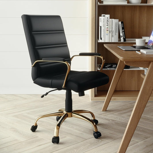 Whitney Mid-Back Swivel Leathersoft Desk Chair with Padded Seat and Armrests, Adjustable Height Padded Office Chair, Black/Gold-1