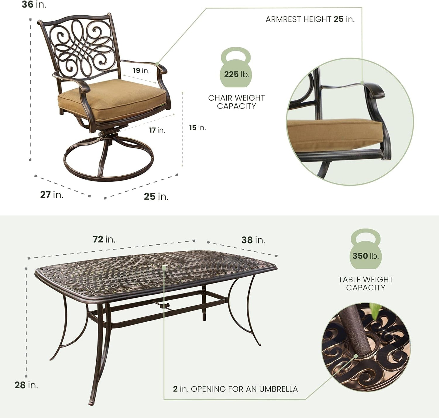 Traditions 7-Piece Patio Dining Set with 6 Swivel Rocker Chairs, Tan Cushions and Large 38"X72" Dining Table, Outdoor Dining Set for 6, Premium Weather Resistant Patio Furniture-4