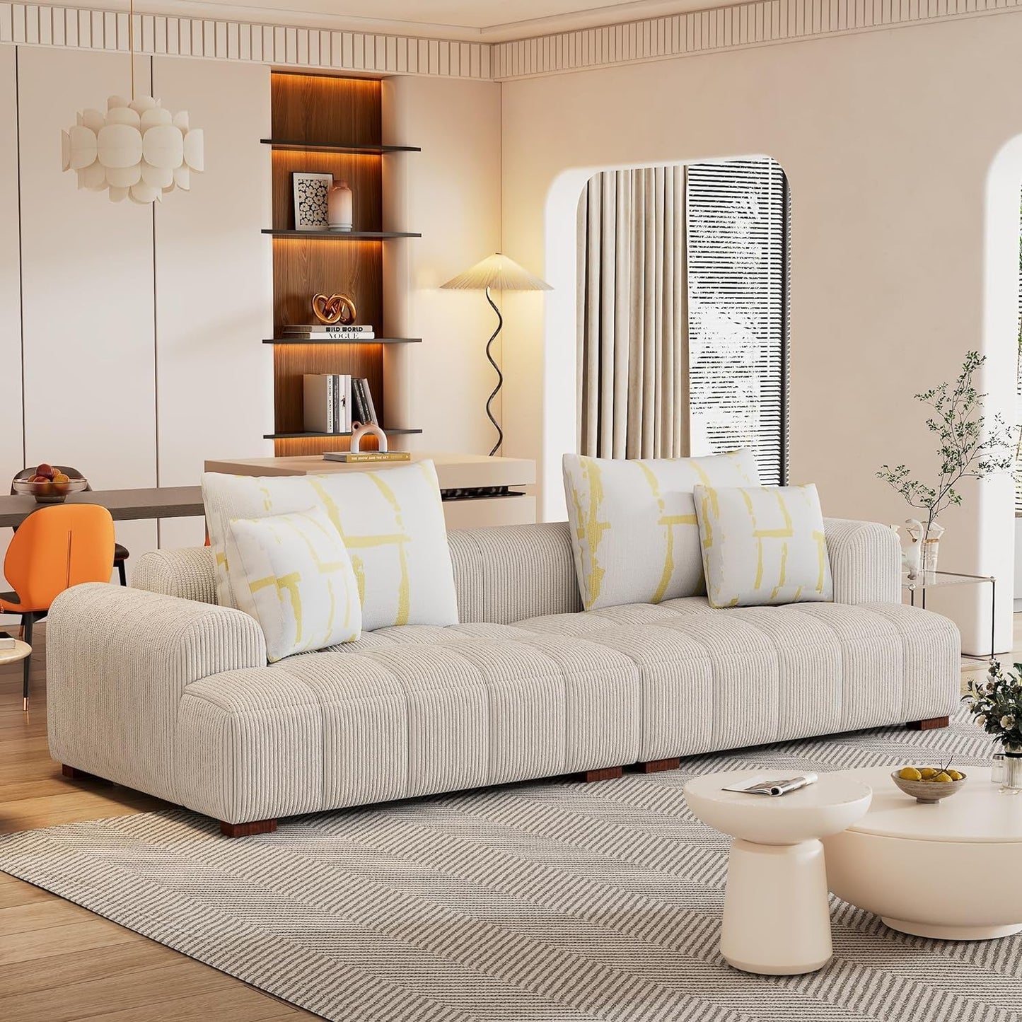 103.9" Living Room Sofa Set, Modern Couch Corduroy Fabric Comfy Sofa with Rubber Wood Legs, 4 Pillows for Living Room/Bedroom/Office, Beige-1