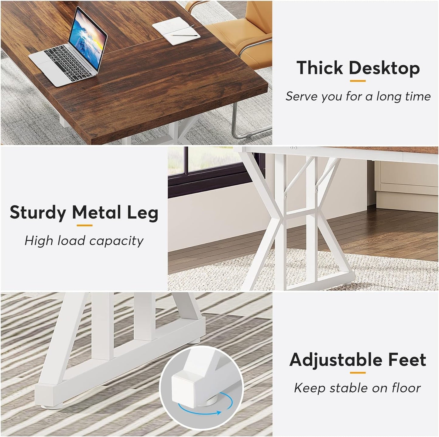 70.8-Inch Executive Desk, Large Computer Office Desk Workstation, Modern Simple Style Laptop Desk Study Writing Table Business Furniture for Home Office (Brown/White, 70.8 Inch)-4