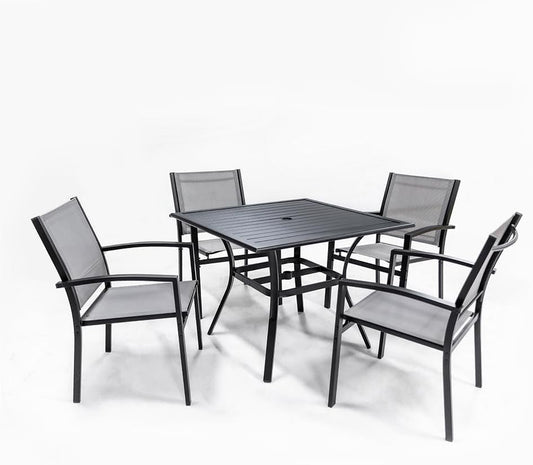 5 Piece Patio Dining Set,Outdoor Furniture 4 Textilene Chairs & 1 Square 38"X 38" Metal Slatted Table with 1.5" Umbrella Hole,Outside Porch Deck Balcony Backyard Set for 4-1