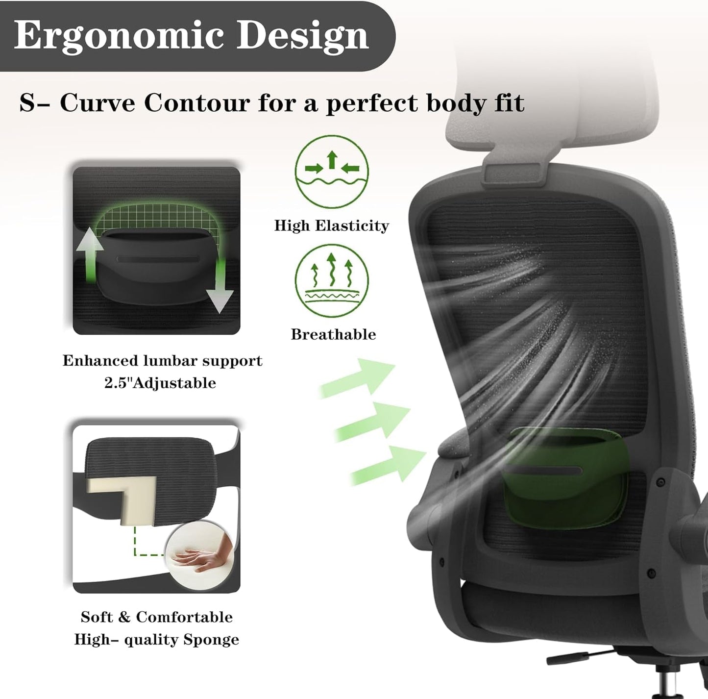 Ergonomic Mesh Home Office Chair | High Back Computer Desk Chair with Adjustable Lumbar Support & Headrest | Swivel Task Chair with Flip-Up Armrests for Home & Office (English, Dark Black)-4