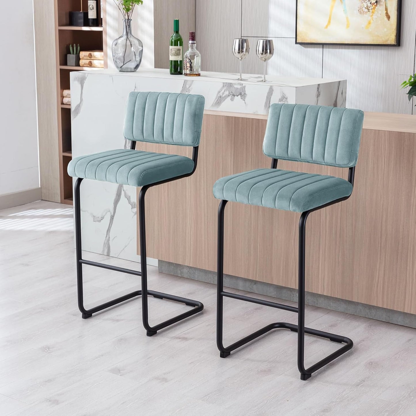 30'' Modern Bar Stools with Tufted Backs, Upholstered Velvet Fabric Bar Height Stools Chairs, Mid Century Cantilever Barstools for Kitchen Island Pub Set of 2-4