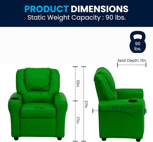 Vana Vinyl Kids Recliner with Cup Holder, Headrest, and Safety Recline, Contemporary Reclining Chair for Kids, Supports up to 90 Lbs., Green-1