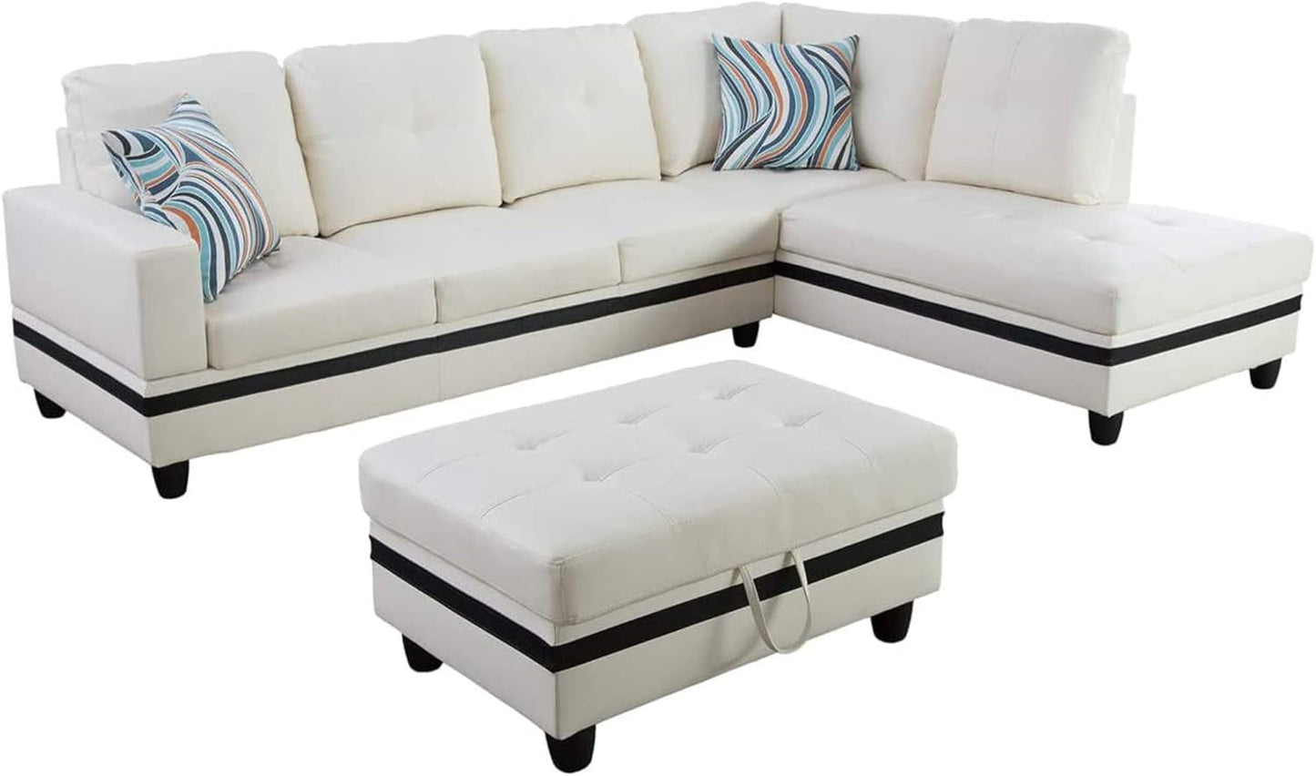 Sectional Sofa Faux Leather Modern L Shaped Couch Set 103.5”Wide Including Chaise and 3 Seating Sofa with Storage Ottoman for Living Room Furniture (Right Hand Facing, A-White)-2