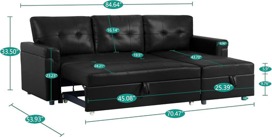 Jenny Sectional Sofa Sleeper with Storage Chaise, Tufted Pull Out Couch with Storage, Sectional Bed, L-Shaped Reversible Sleeper Sofa, Black,Air Leather-1