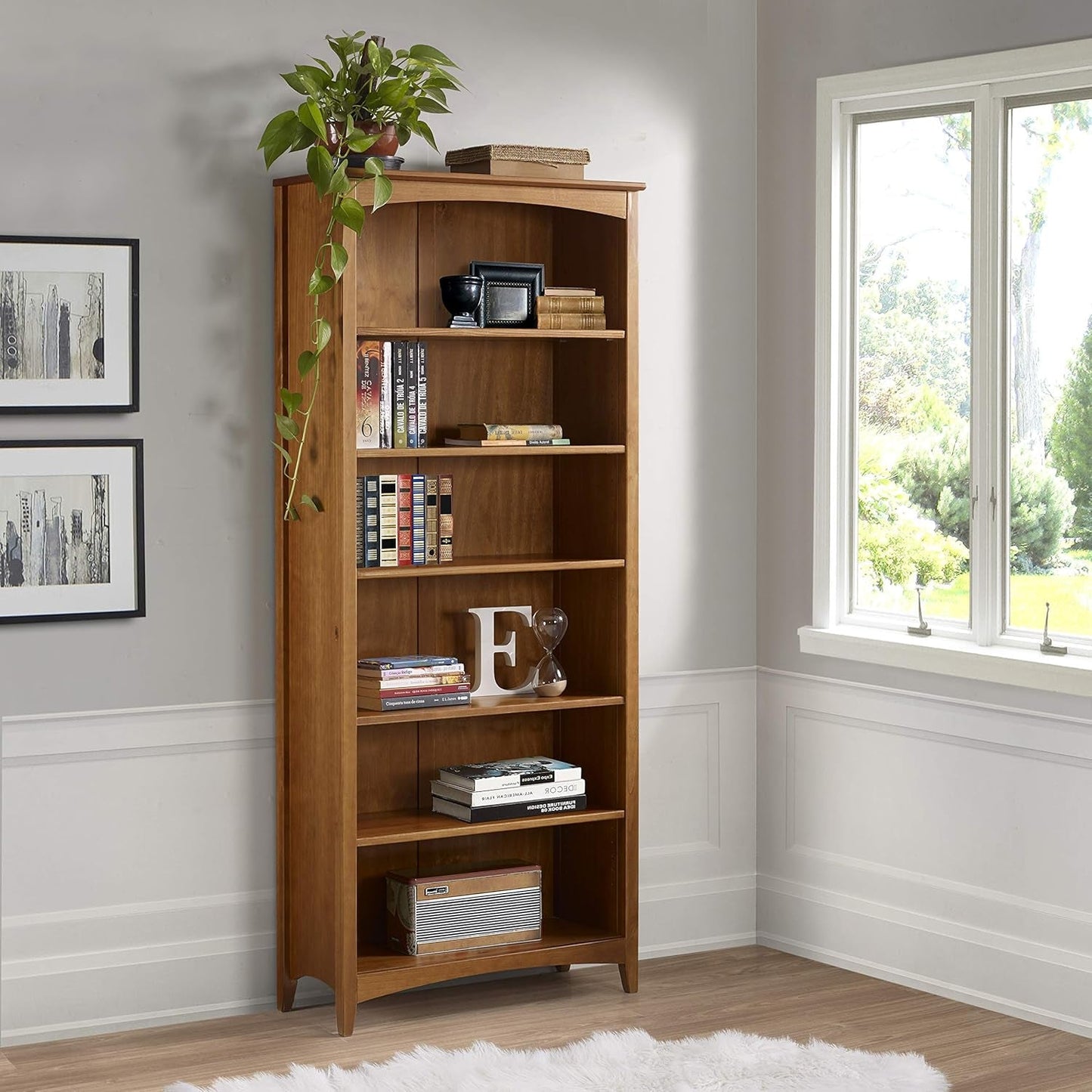Shaker Style 6 Shelf Bookcase / Solid Wood / 72 Inch Tall / Adjustable Shelving / Closed Back / Display Bookshelf for Living Room, Bedroom, Home and Office, Cherry-1