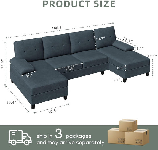 U-Shaped Sectional Sofa with Double Chaise, 4-Seat Linen Fabric Living Room Furniture Set, High-Density Cushions for Ultimate Comfort & Modern Style, Dark Grey-1